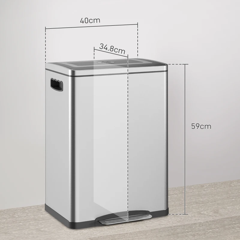 HOMCOM Trash Can, Bin with Lid and Pedal, Stainless Steel, 2 x 20 L Compartments, Silver