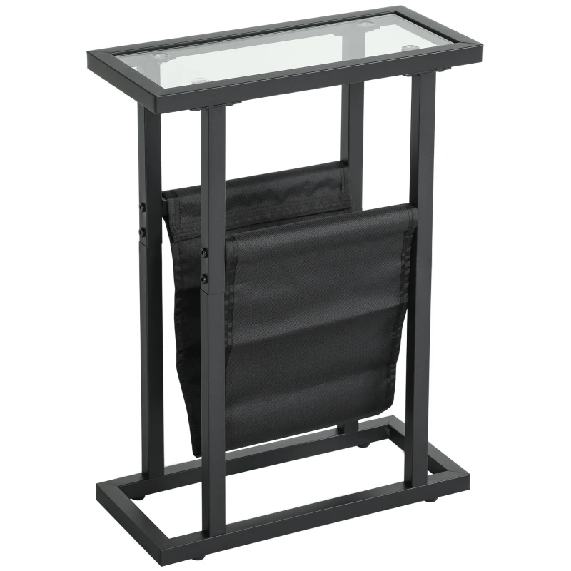 HOMCOM Metal Side Table with Fabric Pocket and Glass Top, Slim Table for Living Room, Bedroom, Black
