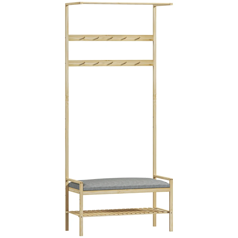 HOMCOM Coat rack with shoe bench, clothes rail, 10 garment hooks, shoe shelf, bamboo