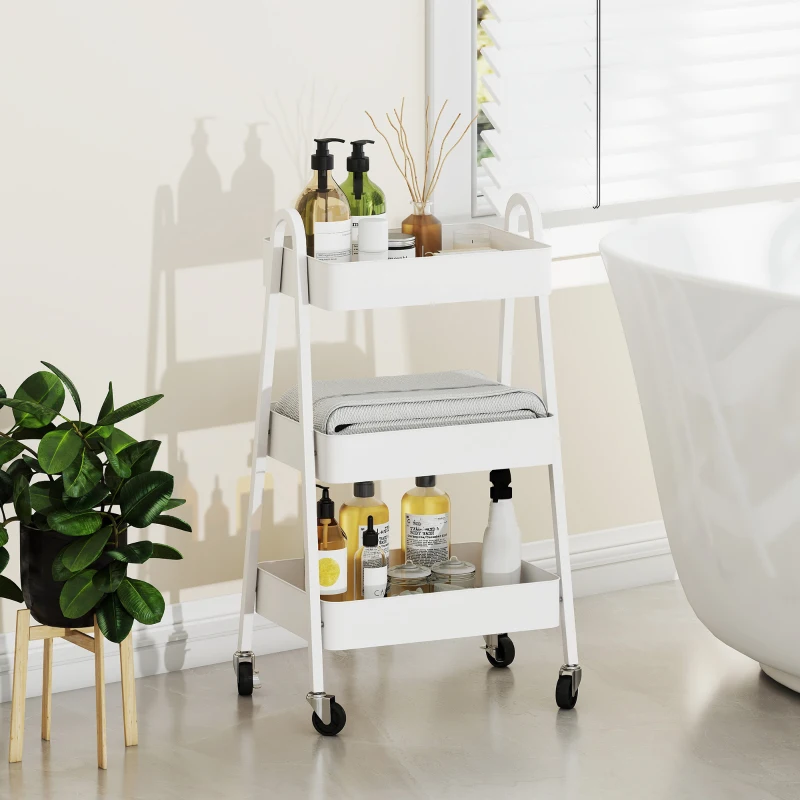 HOMCOM 3-Tier Serving Cart with Wheels, Handle & Brake for Kitchen, Office, Bathroom, White