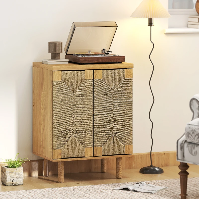 HOMCOM Anrichte im Boho-Stil mit 2 Türen und handgeflochtener Kordel Verstellbarer Einlegeboden Push-to-open Eiche 60x40x78 cm