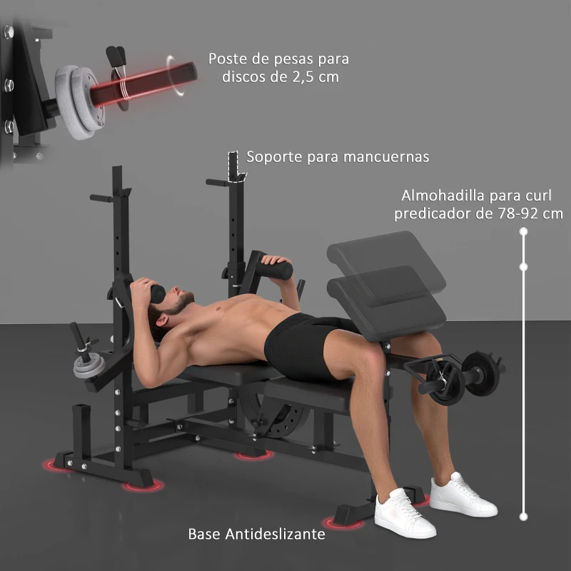 HOMCOM Banco de Pesas Banco de Musculación Multifuncional con Respaldo Reclinable y Altura Ajustable para Entrenamiento Fitness en Casa 210x110x103-123 cm Negro