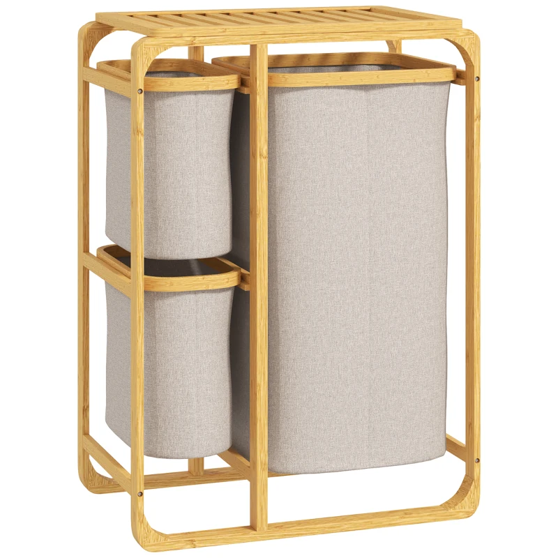 HOMCOM Coș pentru Rufe cu 3 Saci și Rafturi Detașabile din Material Textil din Bambus, 50x32x69,7 cm, Alb Crem