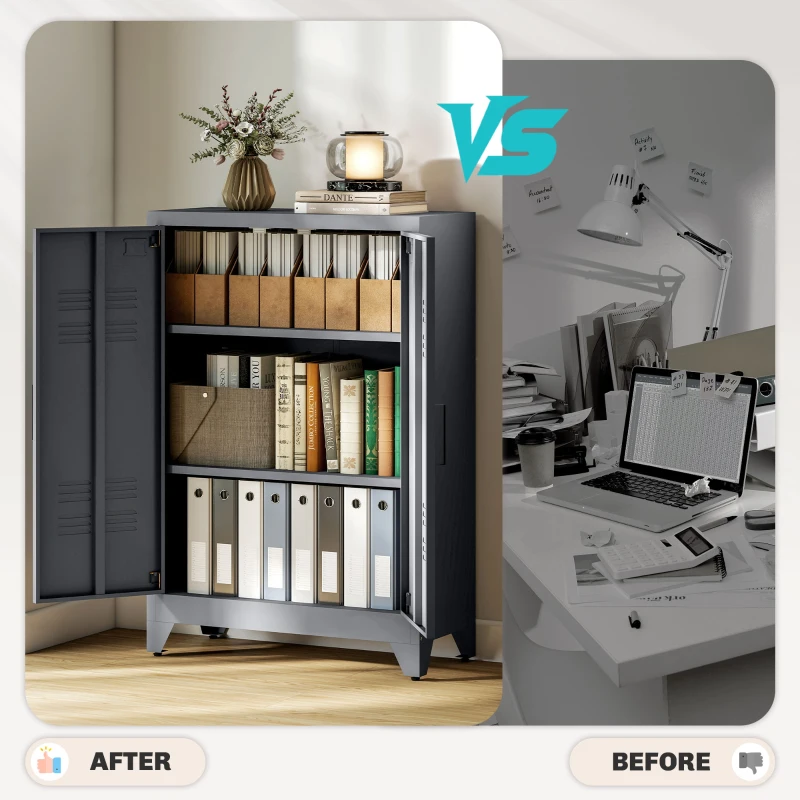 HOMCOM Filing cabinet with louver doors, storage cabinet, metal cabinet with 2 adjustable shelves, 75 x 33 x 110 cm, Gray