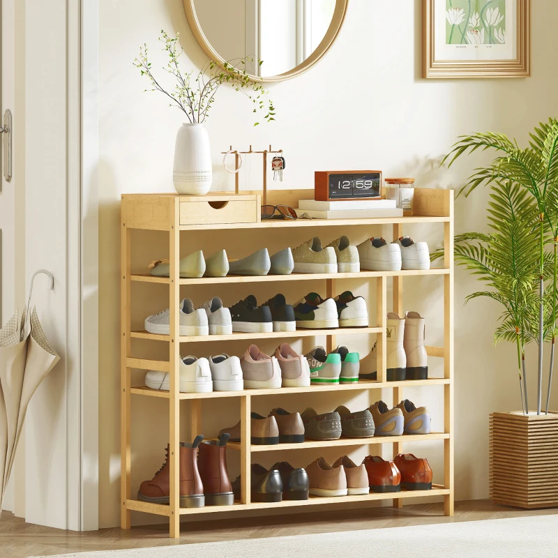 HOMCOM shoe rack, 6-tier bamboo shoe stand with drawer, for up to 18 pairs of shoes, shoe shelf for entryway, bedroom, 101 x 30 x 100 cm, Natural