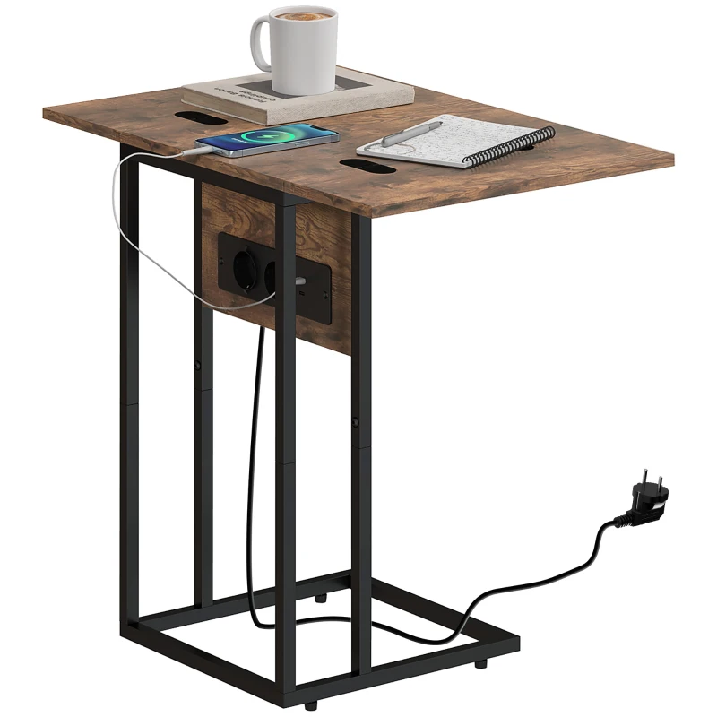 HOMCOM opvouwbare bijzettafel met oplaadstation en USB-poorten, metaal, 39 x 29 x 57 cm, bruin