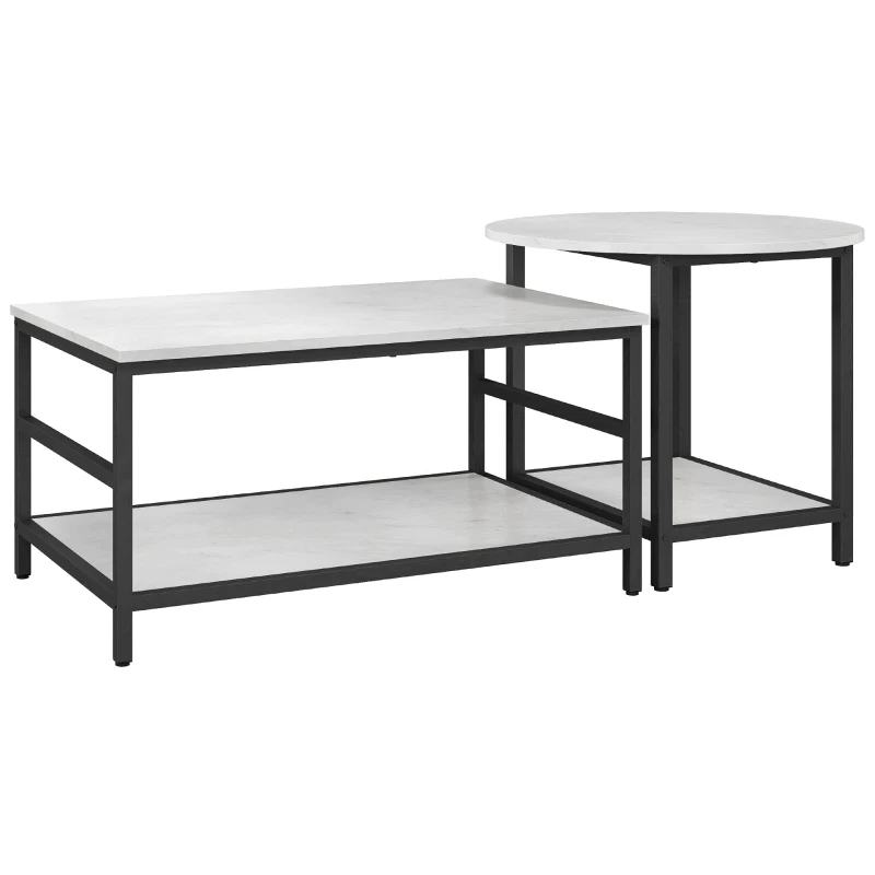 HOMCOM Coffee table set, 2 side tables, marble-look, adjustable feet, steel, Black/White
