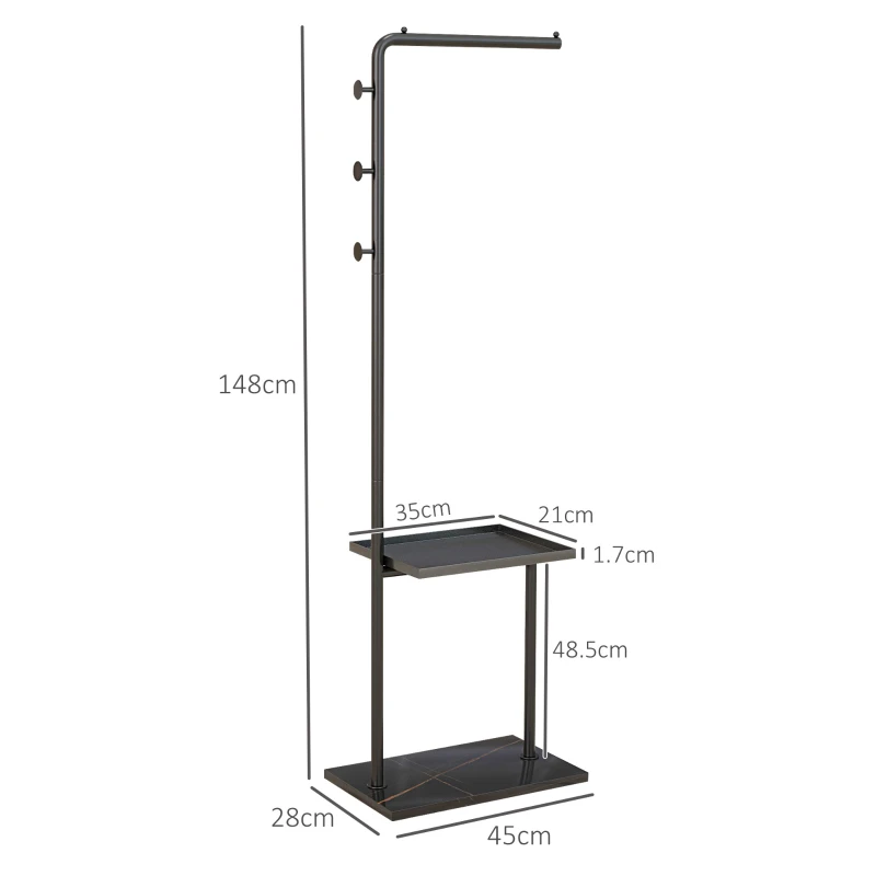HOMCOM Coat rack, clothes rod with stoppers, 3 hooks, shelf, artificial stone base, Black