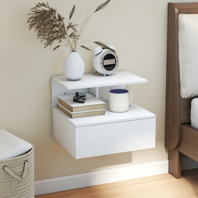 HOMCOM Wall-mounted nightstand side table with drawer, open shelf White, 39.8 x 35 x 31.6 cm
