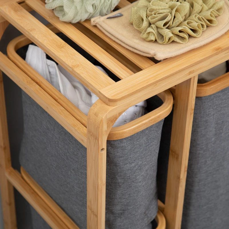 HOMCOM Bamboo Laundry Basket, 3 Removable Baskets 50 cm x 32 cm x 69.7 cm Natural Grey