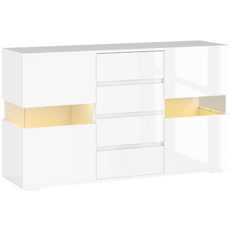 HOMCOM Bufet cu Lumini LED Reglabile prin Telecomandă, Mobilier de Sufragerie cu 4 Sertare și 2 Dulapuri, 120x34x70 cm, Alb