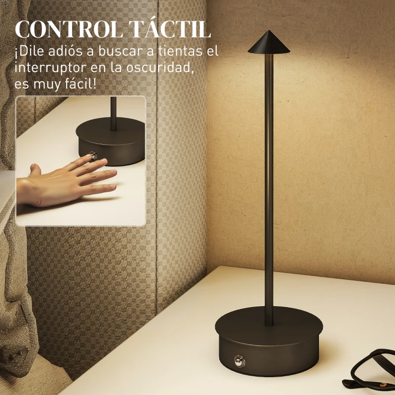 HOMCOM Juego de 2 Lámparas de Mesa LED Recargables con USB y Control Táctil y Luz Regulable Ø10x30 cm Negro