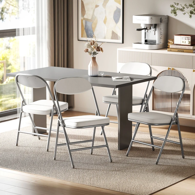 HOMCOM 4-Piece Padded Folding Chairs Set, Foldable Chairs with Cord Upholstery, Backrest, Metal Frame, Cream White