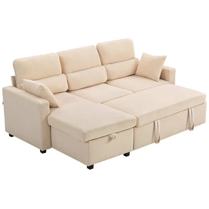 HOMCOM Canapé d'angle convertible en velours côtelé, canapé-lit 3 places avec rangement caché, coussins, 205x135x76cm, beige