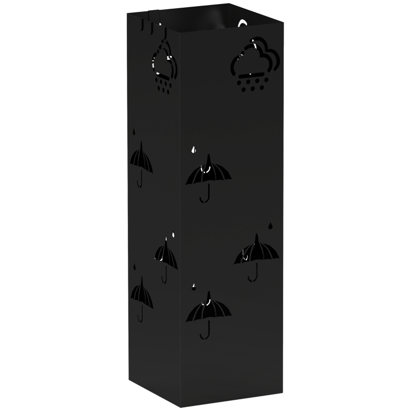 HOMCOM Metal Umbrella Stand, 4 Hooks, Cloud & Umbrella Pattern, Drip Tray, Black