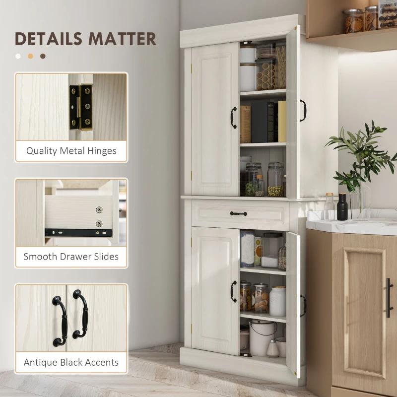 HOMCOM Kitchen Cupboard with 4 Doors, Freestanding Storage Cabinet with Wide Drawer and Shelves for Living Room, 180cm, White Wood Grain