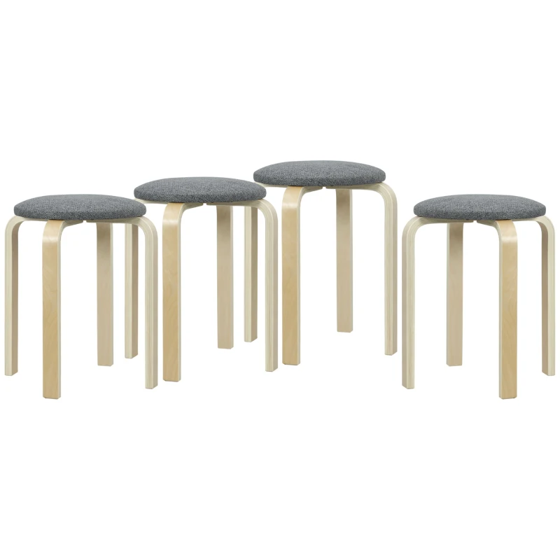 HOMCOM Upholstered Stools 4-Piece Set, Stackable, Painted Surface, Wooden Legs, Gray