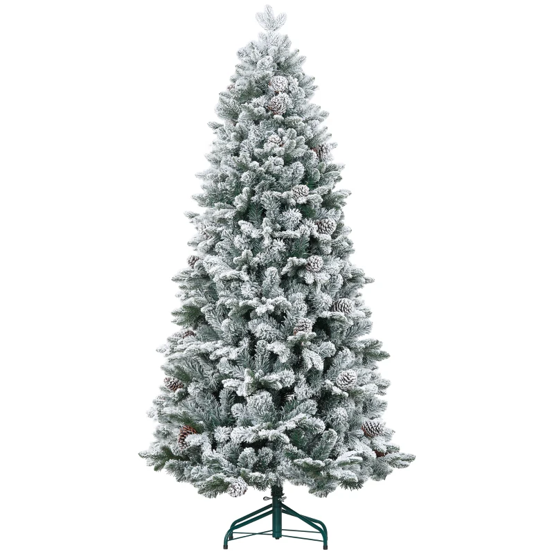 HOMCOM Artificial Christmas Tree, Artificial Snow & Pine Cones, realistic, flame-retardant, metal base, 183 cm, Green