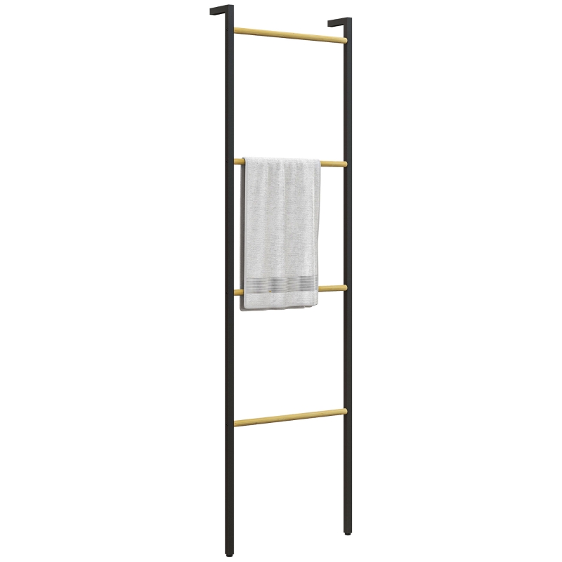 HOMCOM Towel Rack, freestanding, 4 Bars, 49x5.5x167.5cm, Black/Natural wood
