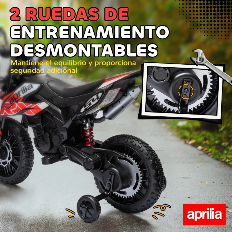 AIYAPLAY Moto Eléctrica para Niños 12V con Licencia Aprilia con Ruedas Auxiliares Desmontables 6 km/h Suspensión Trasera Rojo