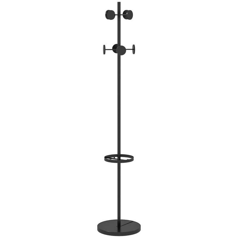 HOMCOM Suport pentru Haine și Umbrele, Cuier Independent cu 8 Carlige Rotunde pentru Haine, Pălării și Poșete, Φ34x177 cm, Negru