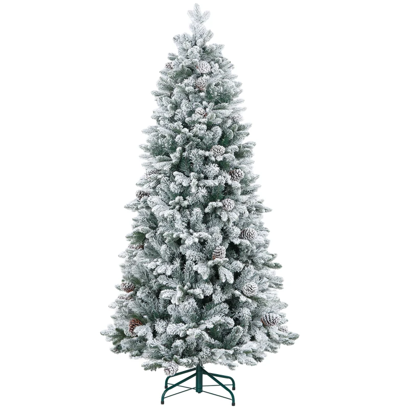 HOMCOM Artificial Christmas Tree, Artificial Snow & Pine Cones, realistic, flame-retardant, metal base, 183 cm, Green