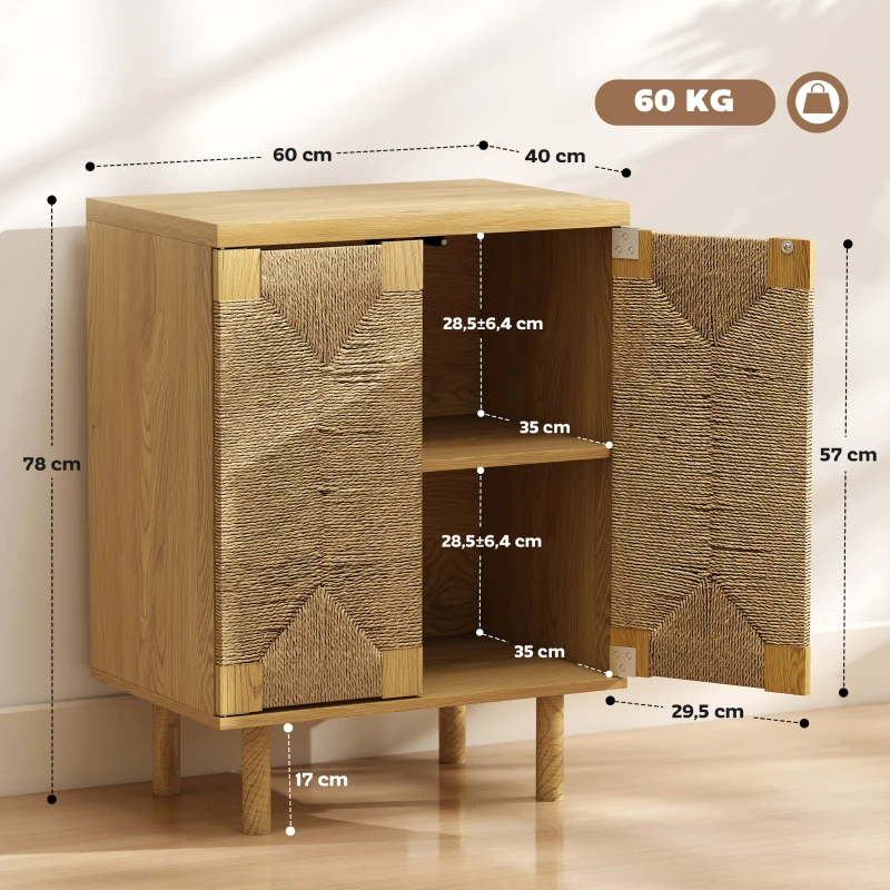 HOMCOM Anrichte im Boho-Stil mit 2 Türen und handgeflochtener Kordel Verstellbarer Einlegeboden Push-to-open Eiche 60x40x78 cm