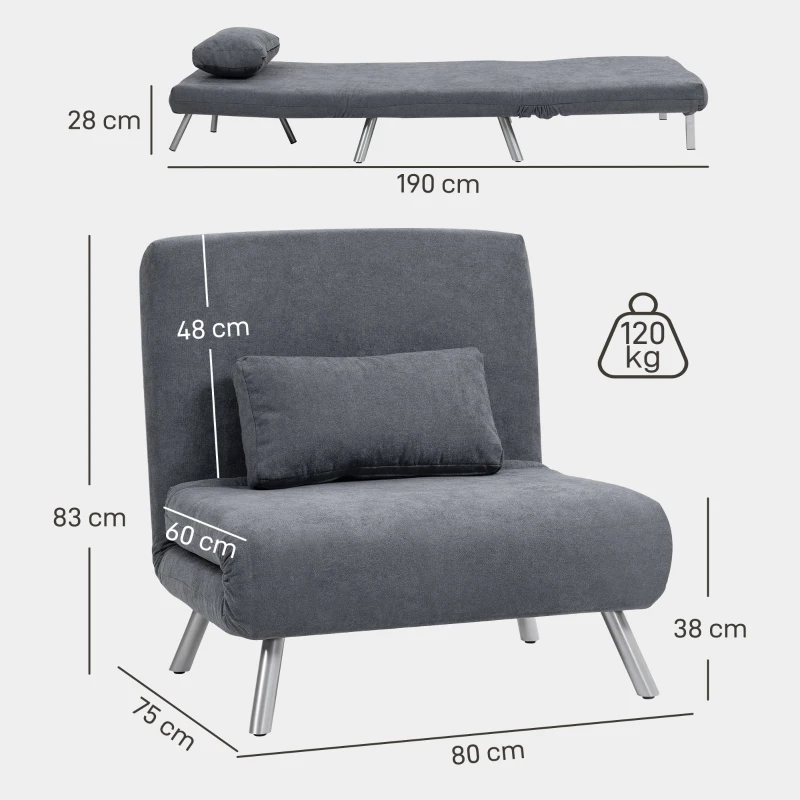 HOMCOM Upholstered chair with bed function, 3-in-1 design, sleeper chair, guest bed, fabric cover, with cushion, Dark gray