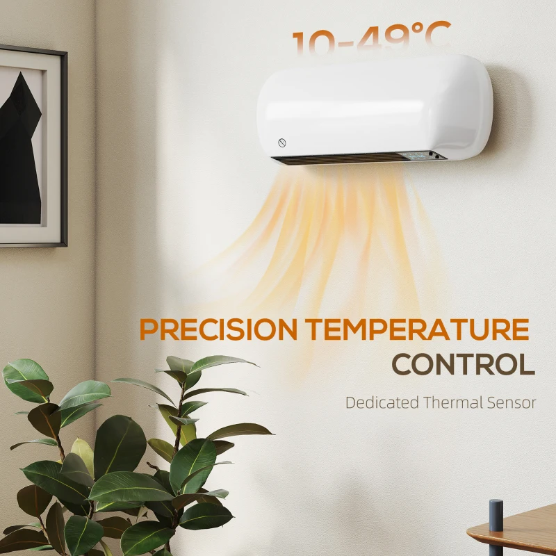 HOMCOM 2000W Ceramic Electric Heater with Fan, Adjustable Thermostat, Wall Mounted - White