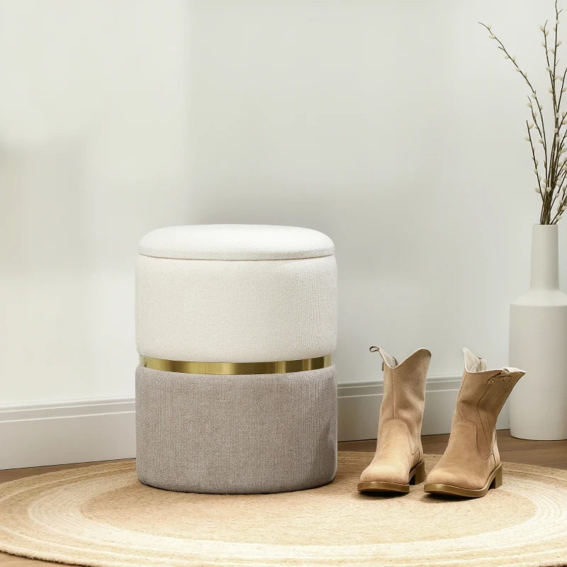 HOMCOM Storage Ottoman with Lid, Metal Ring, Two-Tone Design 36 x 36 x 44 cm Cream White