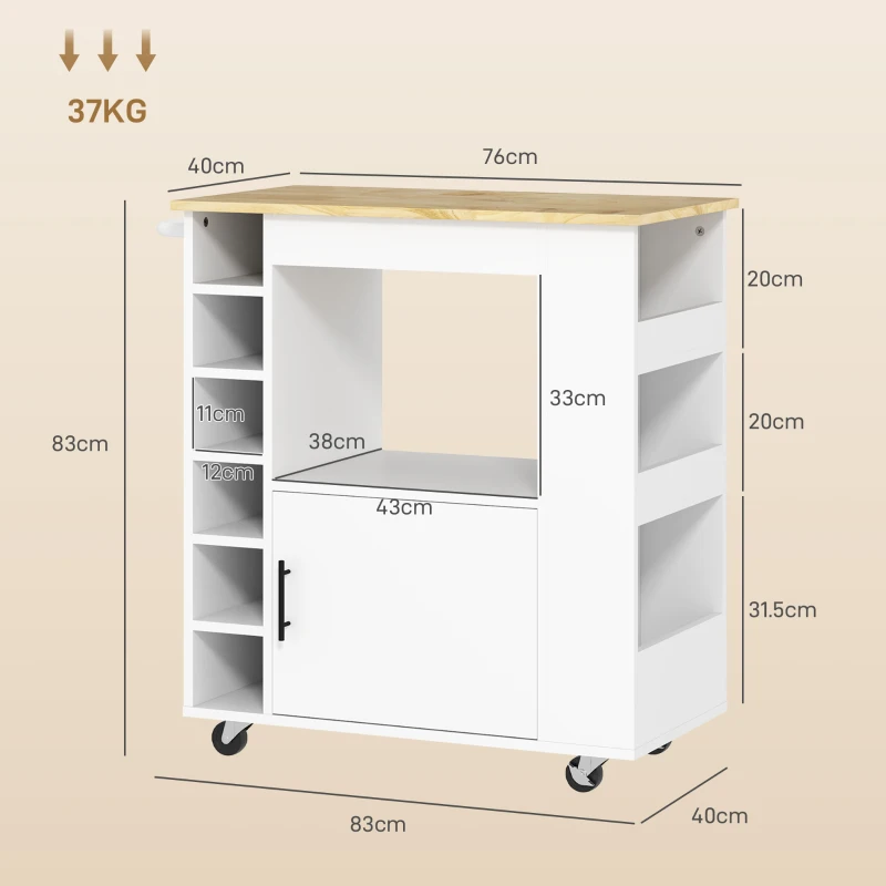 HOMCOM Kitchen trolley, rolling kitchen island, kitchen trolley with compartments, wine racks, cabinet and worktop, White