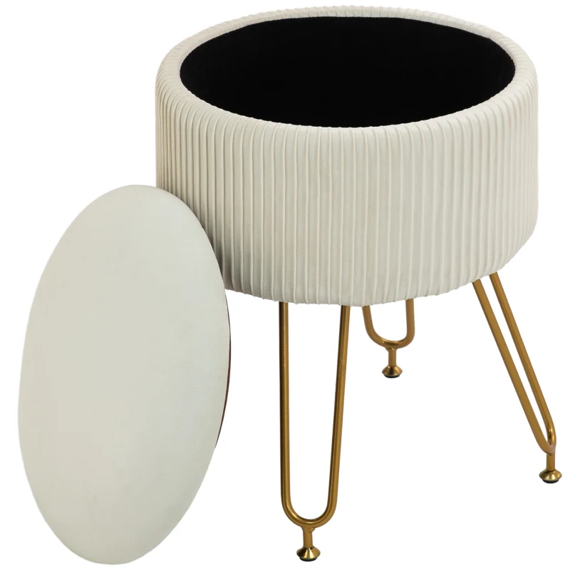 HOMCOM 2-in-1 storage ottoman with metal legs, round footstool for living room, bedroom, hallway, Cream White