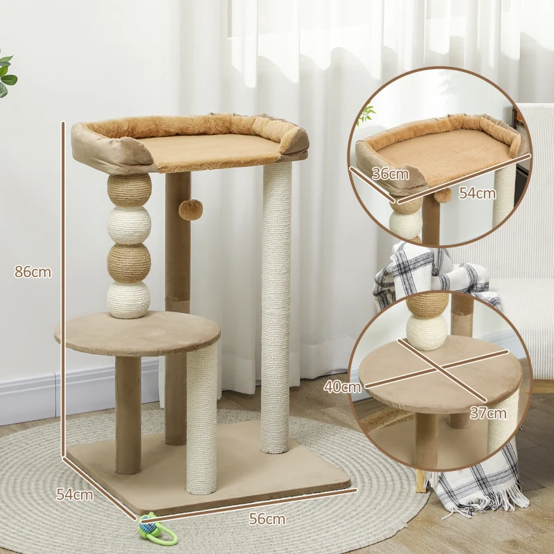 PawHut Árbol Rascador para Gatos con Plataforma Torre Escalador para Gatos con Plataforma Cama Postes Bolas 56x54x86 cm Marrón
