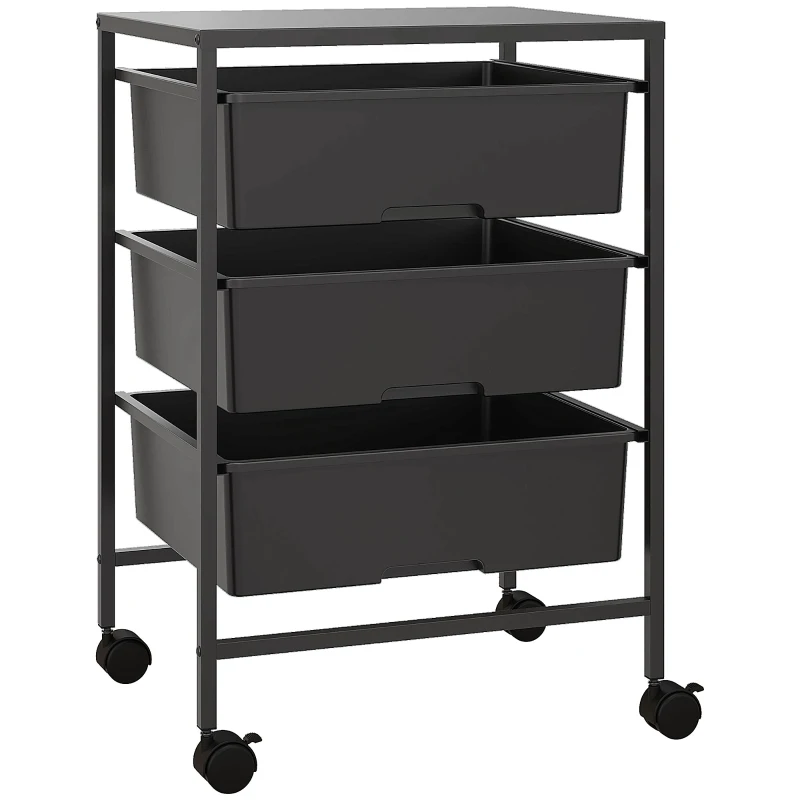 HOMCOM Side Cart with Wheels, 3 Baskets for Transport and Storage, Kitchen Cart, 40.8L x 33.5W x 60.5H cm, Black