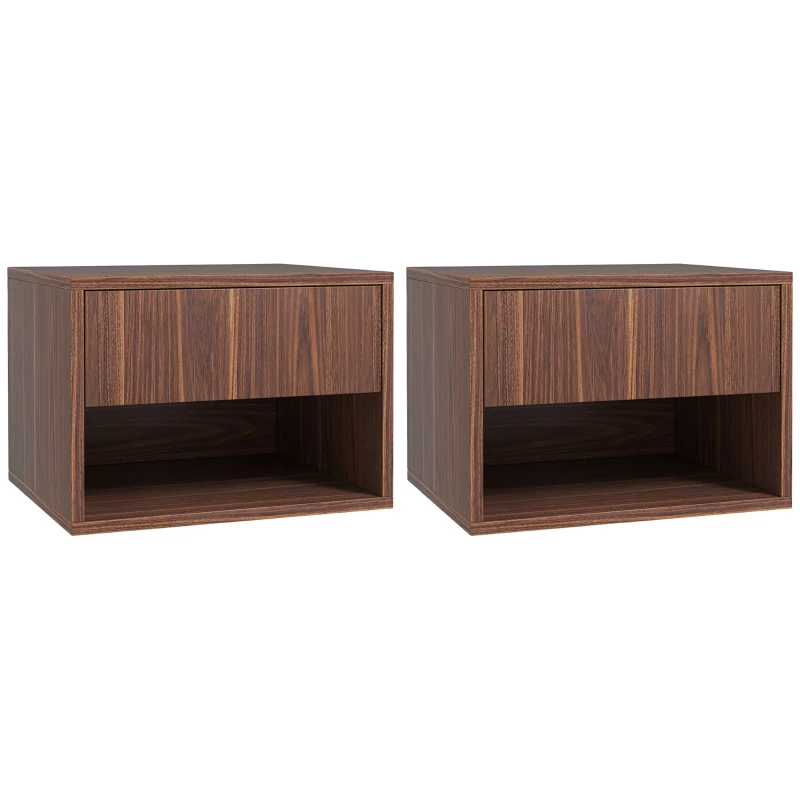 HOMCOM Set 2 Noptiere Suspendate cu Sertar și Raft Inferior Deschis, Noptiere pentru Dormitor din MDF, 40x34x29 cm, Maro(m-1)