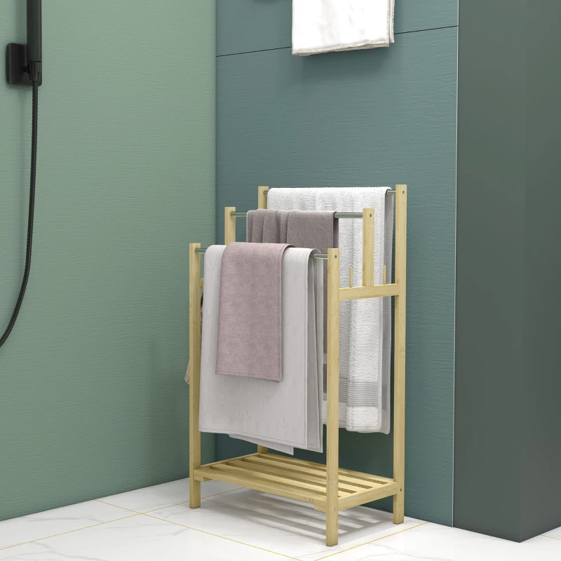 HOMCOM Towel rack, freestanding, 3 bars, Bamboo/Stainless Steel, 50.5x31x90 cm