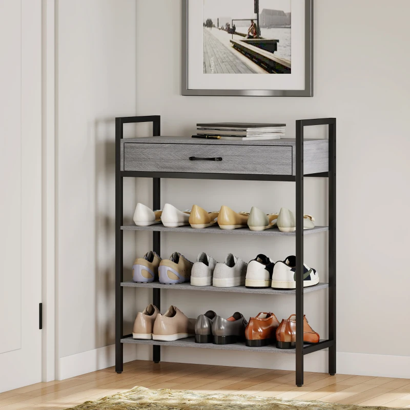 HOMCOM 4-tier Shoe Rack, Hallway Rack for up to 9 Pairs of Shoes, Particleboard, Metal, Gray