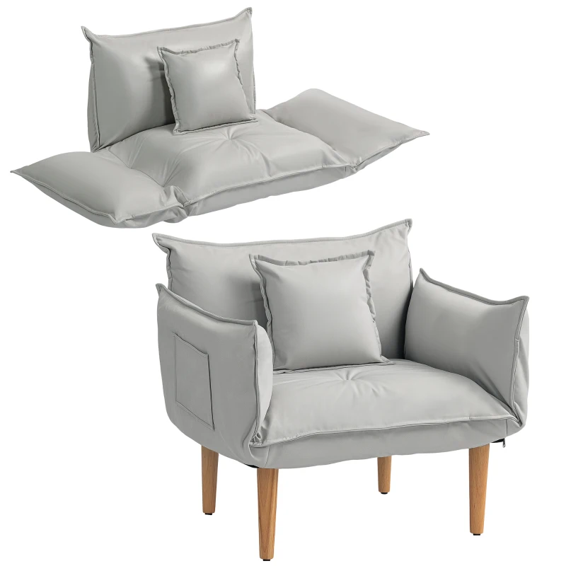 HOMCOM 2-in-1 Adjustable Lounge Chair, Floor Chair with Cushion, Upholstered Chair for Living Room, Bedroom, Light Grey