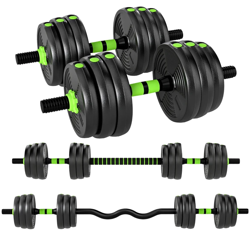 SPORTNOW Juego de Mancuernas Ajustables 20 kg 3 en 1 con Barras de Conexión y Mangos Antideslizantes para Gimnasio en Casa Verde