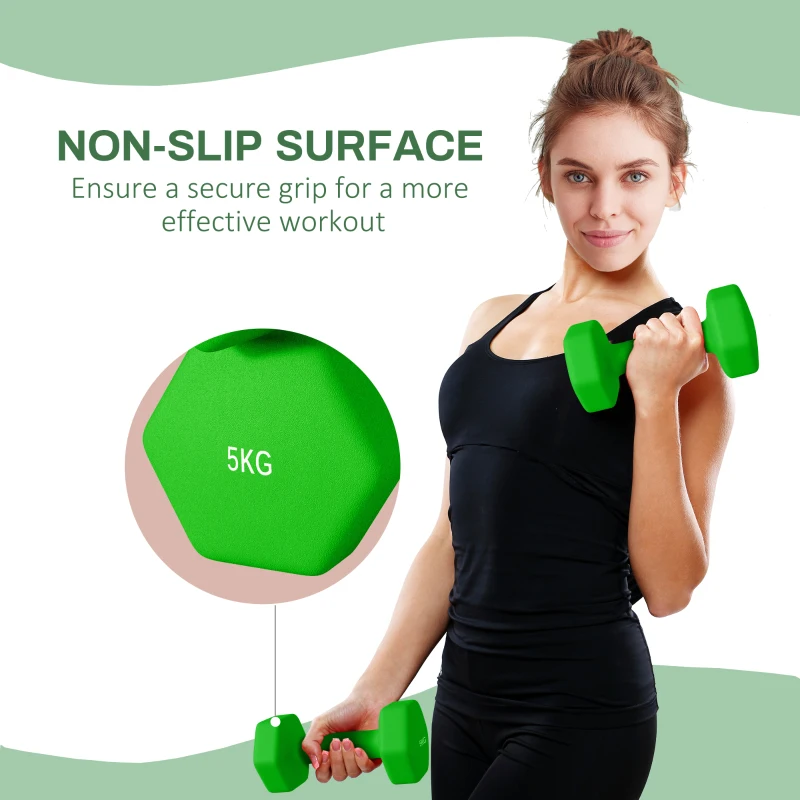 SPORTNOW 2 x 5kg Hexagonal Dumbbells Weights Set with Non-Slip Grip for Home Gym Workout, Green