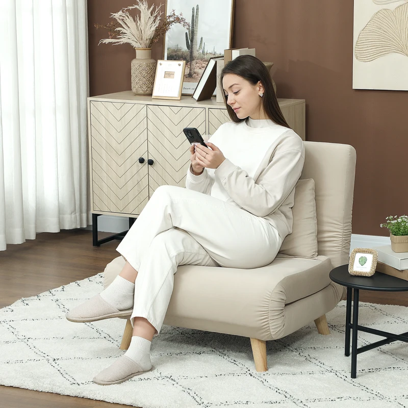 HOMCOM Folding armchair with bed function, foldable recliner in velvet look, adjustable backrest, up to 120 kg load, Beige