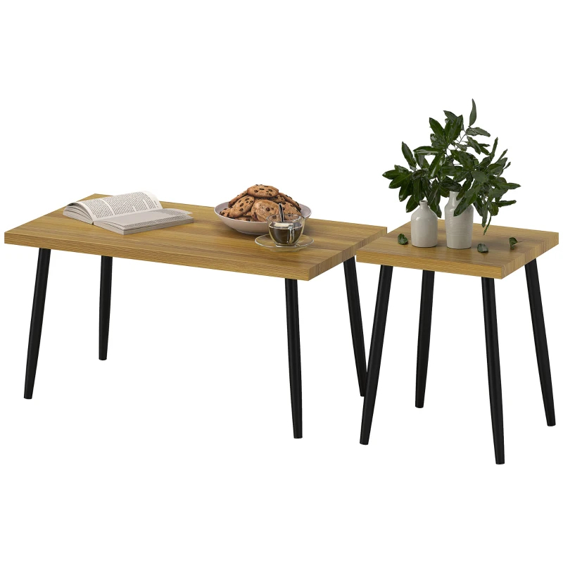 HOMCOM 2-piece Coffee Tables Set, Large and Small Table with Metal Frame and Wood Top, Flexible Coffee Tables, Natural Wood