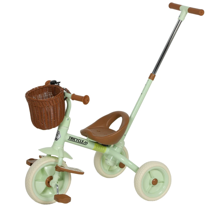 AIYAPLAY Tricycle pour bébés 2 en 1 pour 2-5 ans avec barre parentale, pédales antidérapantes, repose-pieds pliables et panier vert