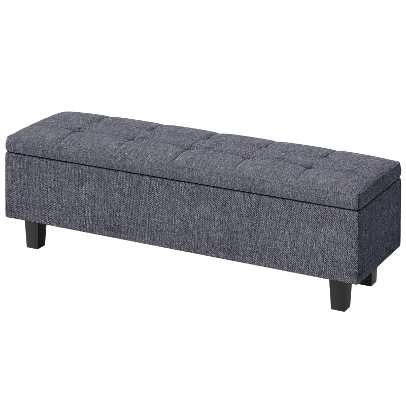 HOMCOM Linen-look storage upholstered bench with rubberwood legs for living room, bedroom, hallway, Dark Gray