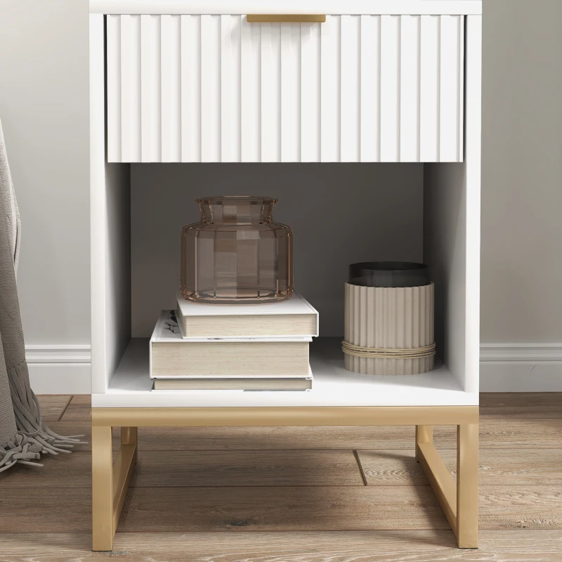 HOMCOM Bedside Table with Drawer and Shelf, Storage and Metal Legs, for Bedroom, Living Room, White