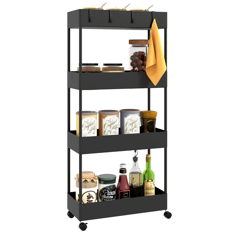 HOMCOM Kitchen Cart with 4 Shelves, 4 Flexible Hooks, 4 Casters, 40 cm x 19 cm x 90 cm, Slim Cart, Black
