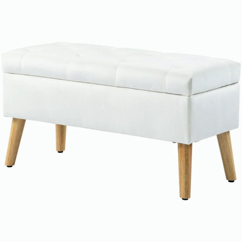HOMCOM Upholstered bench with storage, velvet-look fabric, wooden legs, for living room, bedroom, hallway, 80 x 35 x 40 cm, White