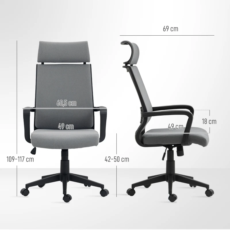HOMCOM Office chair with soft backrest, casters, armrests, height-adjustable desk chair, faux wool, Gray