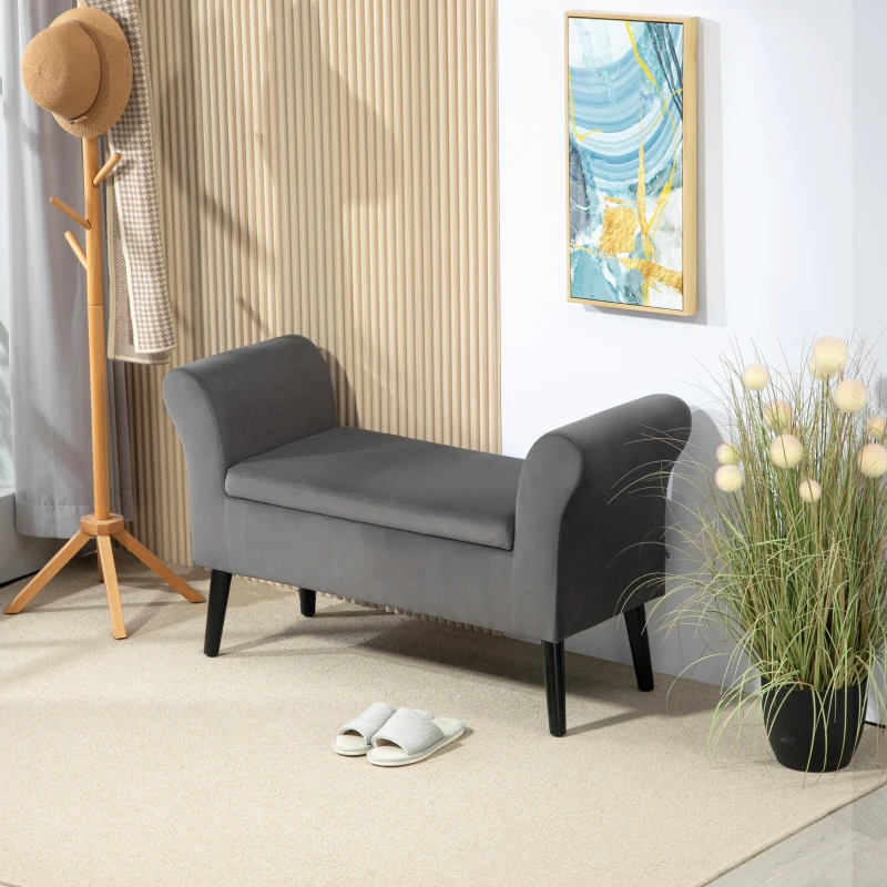 HOMCOM Upholstered bench with storage, chest bench with armrests, 46 cm seat height, velvet-like polyester, 111.5 x 41 x 65 cm, Dark Gray
