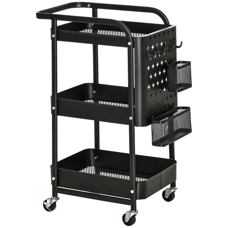HOMCOM Kitchen trolley with perforated board, towel holder, storage baskets, Black